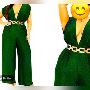 Fashion Nova jumpsuit Glitter Green with belt, Great for the Holidays!!